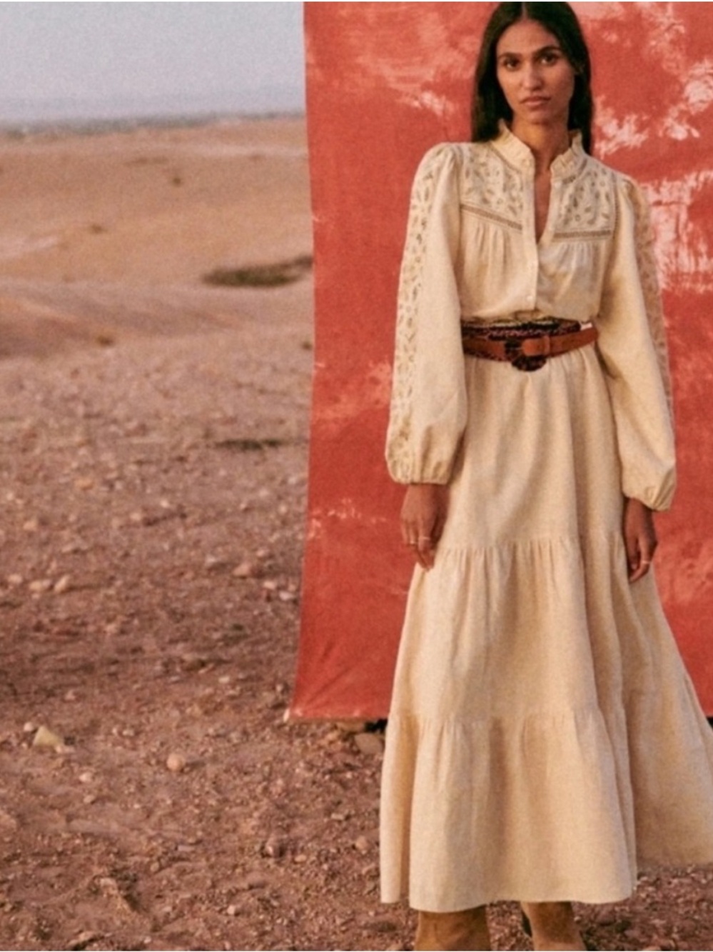 Sezane Maxi Long-Sleeve Soraya Linen Blend Dress FR38 US 6